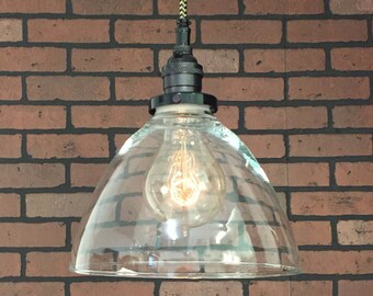 Industrial Pendant Light -Black 8" Clear Glass Cone Shade with Patented "HuilA Connector" Electrical Connectors and Edison Victorian Bulb