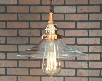 Industrial Pendant -Copper 8" Glass Clear Flat Shade with Patented "HuilA Connector" Electrical Connectors and Edison Bulb
