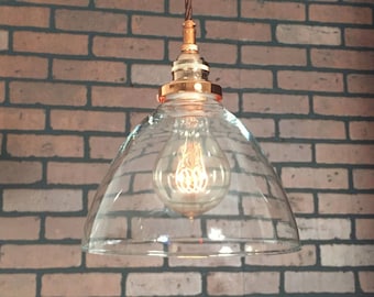Industrial Pendant -Copper 8" Large Clear Glass Cone Shade with Patented "HuilA Electrical Connectors" and Edison Victorian Bulb
