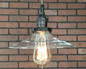 Industrial Pendant Light -Black 8" Flat Clear Glass Shade with Patented "HuilA Connector" Electrical Connectors and Edison Bulb