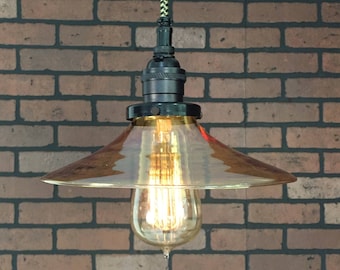 Industrial Pendant Light -Black 8" Flat Amber Glass Shade with Patented "HuilA Connector" Electrical Connectors and Edison Bulb