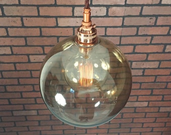 Industrial Pendant -Copper 8" Smoked Glass Open Globe Shade with Patented "HuilA Connector" Electrical Connectors and Edison Globe Bulb