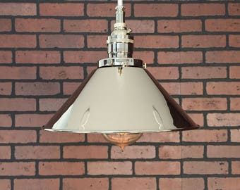 Industrial Pendant Light -Chrome 8" Cone Shade with Patented "HuiLa" Electrical Connectors and Edison Victorian Bulb