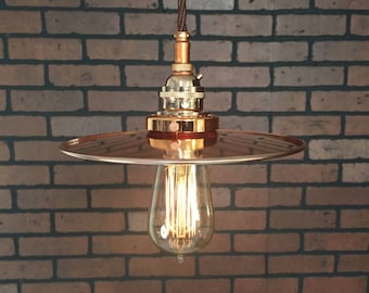 Industrial Pendant -Copper 8" Flat Shade with Patented "HuilA Connectors" Electrical Connectors and Edison Bulb
