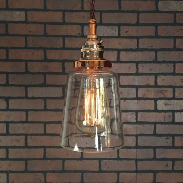 Industrial Pendant -Copper 4 1/2" Clear Glass Cone Shade with Patented "HuilA Electrical Connectors" and Edison Bulb