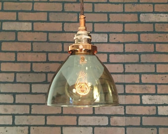 Industrial Pendant -Copper 6" Smoked Glass Cone Shade with Patented "HuilA Electrical Connectors" and Edison Victorian Bulb