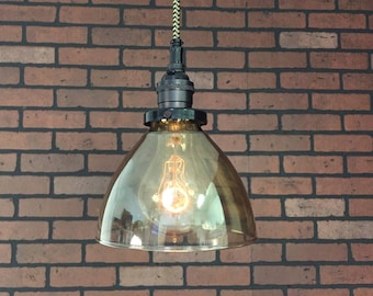 Industrial Pendant Light -Black 6" Smoked Glass Cone Shade with Patented "HuilA Connectors" Electrical Connectors and Edison Victorian Bulb