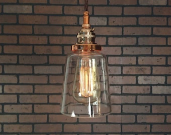 Industrial Pendant -Copper 4 1/2" Clear Glass Cone Shade with Patented "HuilA Electrical Connectors" and Edison Bulb