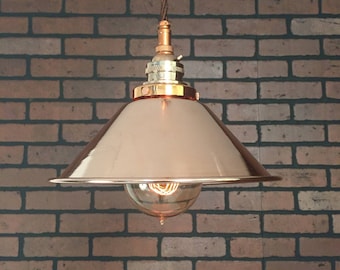 Industrial Pendant -Copper 8" Large Cone Shade with Patented "HuilA Electrical Connectors" and Edison Victorian Bulb