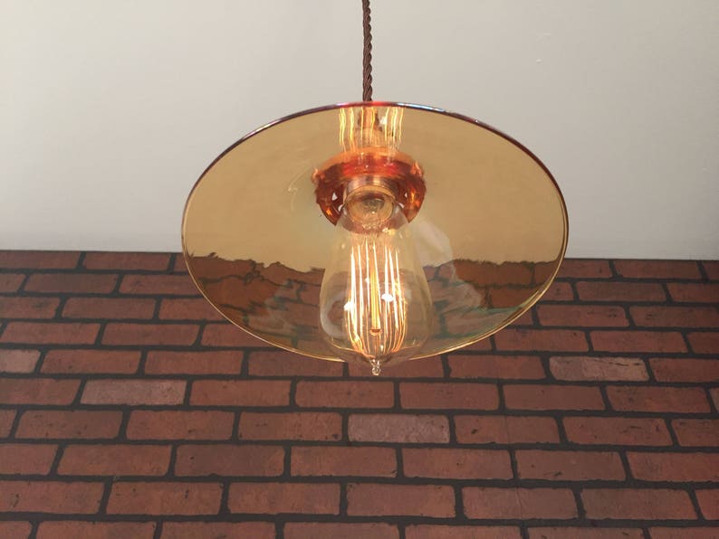 Copper 8 Glass Amber Flat Shade with Pat Industrial Pendant Pending SIMPLE PLUG Electrical Connectors and Edison Bulb