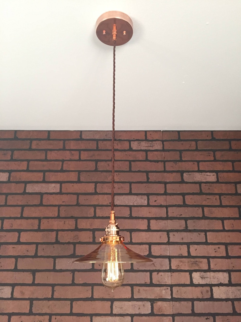 Copper 8 Glass Amber Flat Shade with Pat Industrial Pendant Pending SIMPLE PLUG Electrical Connectors and Edison Bulb