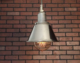 Industrial Pendant 5-3/8IN. Unfinished Steel Cone Shade Patented "HuilA Connector" Electrical Connectors and Edison Victorian Bulb