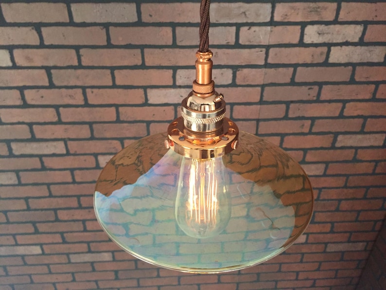 Copper 8 Glass Amber Flat Shade with Pat Industrial Pendant Pending SIMPLE PLUG Electrical Connectors and Edison Bulb