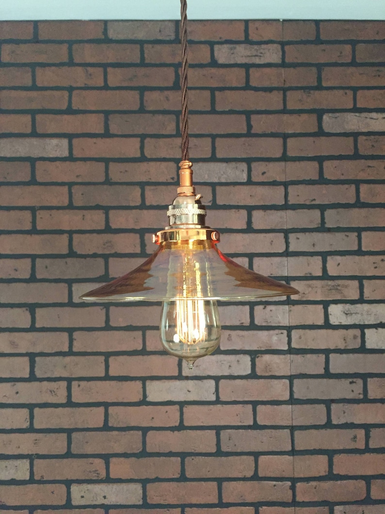 Copper 8 Glass Amber Flat Shade with Pat Industrial Pendant Pending SIMPLE PLUG Electrical Connectors and Edison Bulb