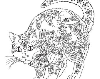 Peut inclure: Un dessin au trait noir et blanc d'un chat avec une sorcière et un oiseau sur son dos. Le chat est décoré d'étoiles et d'autres motifs complexes. La sorcière porte un chapeau et tient une citrouille.