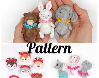 crochet PATTERN in English bear bunny or elephant toy Crochet brooch cat, bear, deer, fox or bunny, brooch unicorn, donkey or hippo