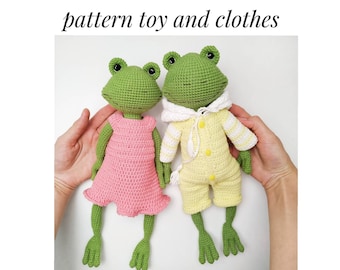 Padrão de brinquedo sapo amigurumi em inglês Crochê sapo de pelúcia em vestido e calça padrão Pdf crochê padrão