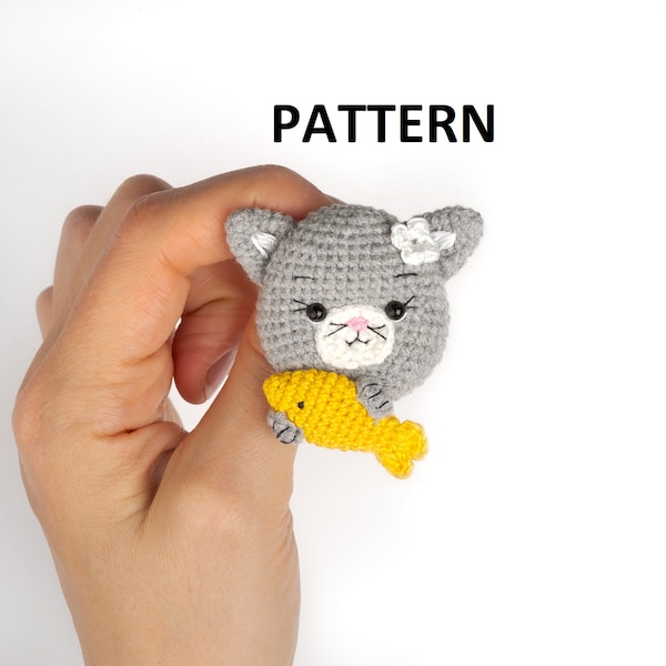 CROCHET PATTERN in English Brooch grey cat whith yellow fish PDF stuffed toy pattern Amigurumi cat Crochet pet toy Brooch animal