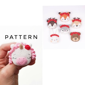 May include: A crochet pattern for a unicorn, fox, deer, cat, bunny, and bear. Each animal has a red flower crown. The pattern is called "PATTERN".