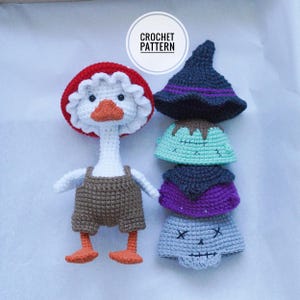 May include: A handmade crochet goose doll with orange feet and beak, wearing brown overalls and a red mushroom hat. Beside it are four crochet hats in various colors, including a witch hat and a skull design. The image includes the text "CROCHET PATTERN".