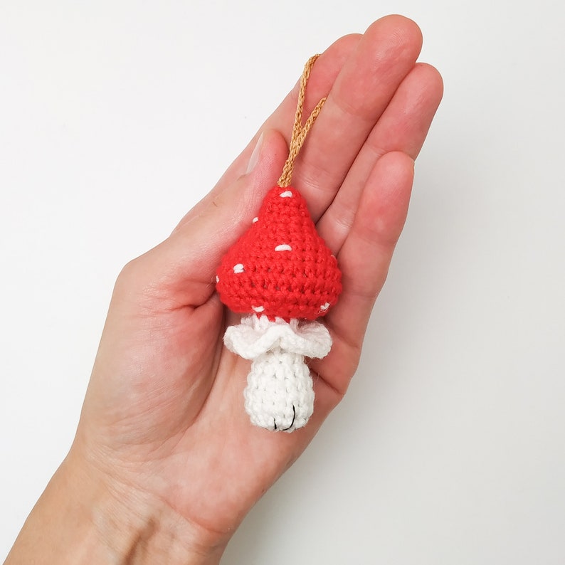 Pu&ograve; includere: Un ornamento a forma di fungo in crochet rosso e bianco con pois bianchi. Il fungo ha un gambo bianco e uno spago marrone per appenderlo.