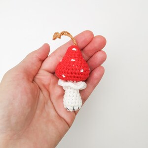 Pu&ograve; includere: Un fungo rosso e bianco all'uncinetto con punti bianchi sul cappello. Il fungo ha un piccolo anello in cima per appenderlo.