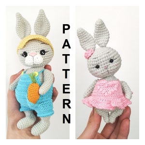 Crochet PATTERN in English amigurumi toy grey bunny in blue pants and pink dress Stuffed rabbit toy Pdf crochet pattern bunny
