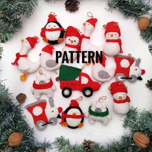 Set 2 crochet PATTERN in English amigurumi christmas tree toy goose, train, bird, bear, penguin, car and snowman Christmas ornament toy