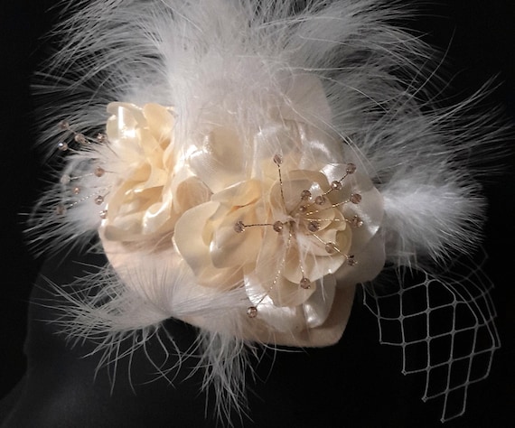 Cream Bridal Fascinator, Feather Wedding Headpiece, Satin Flower Hair Accessory