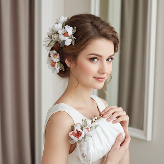 Spring Peach & White Floral Hairpiece – Handmade Artificial Flowers for Bridal Hairstyle