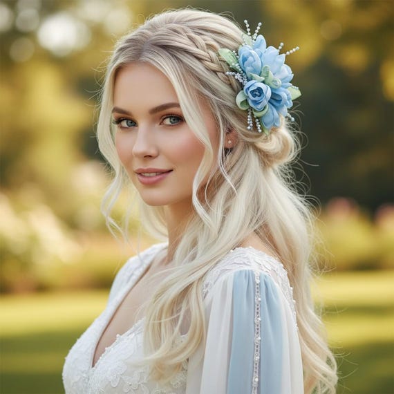 Blue Satin Flower Hair Set – Handmade Floral Combs