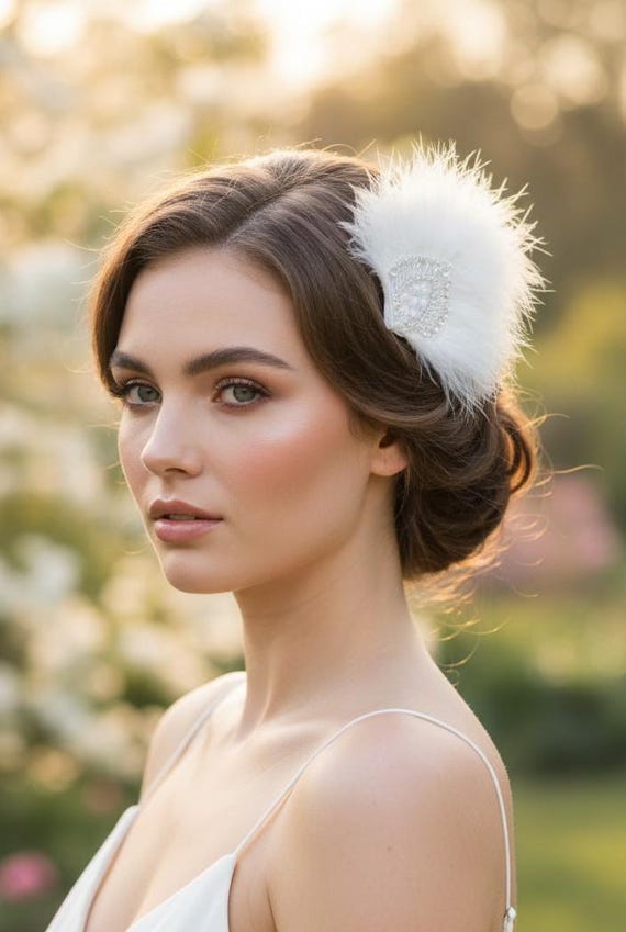 White Feather Bridal Hair Comb • Shimmering Beaded Wedding Headpiece Accessory