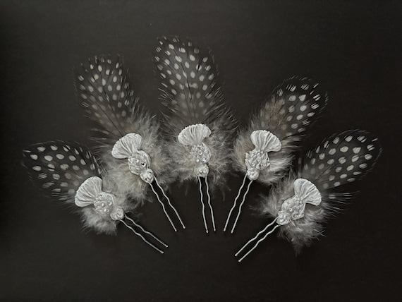 Guinea Fowl Feather Hair Pins – Pearl Accent Bridal Hair Accessories, Boho Wedding Style