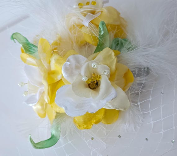 Spring Yellow Fascinator — Satin Flowers, Feathers & Netting