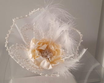 Handmade Linen Crochet Fascinator with Bead Embroidery & Satin Flower