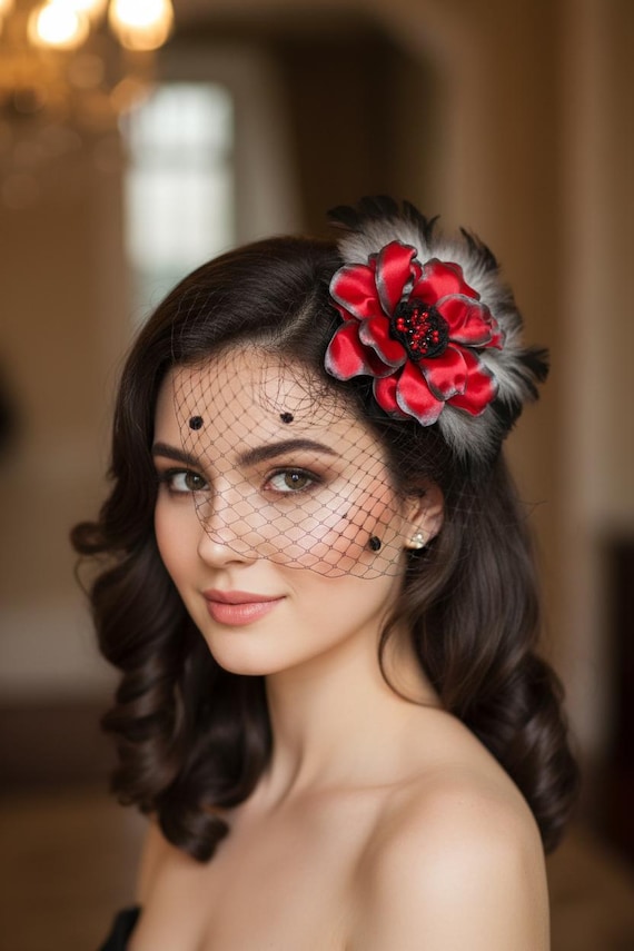 Red Flower Fascinator, Vintage Style Veil, Feather Headpiece