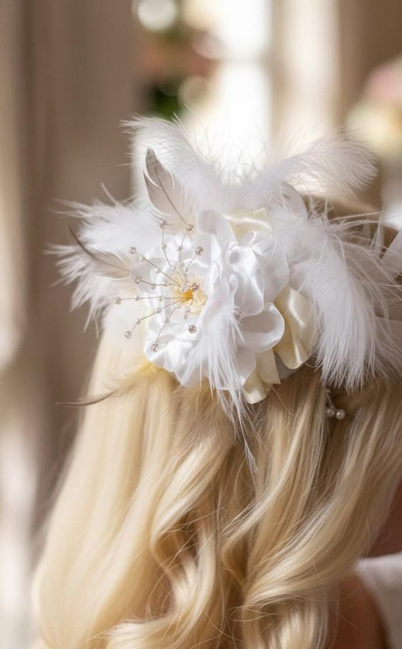 White Bridal Fascinator — Feather & Satin Flower Headpiece