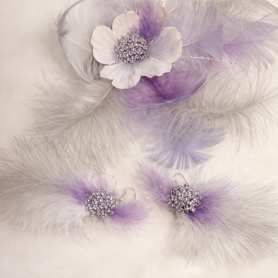 Lavender Feather Jewelry Set – Crystal Flower Earrings and Brooch, Wedding Evening Elegance