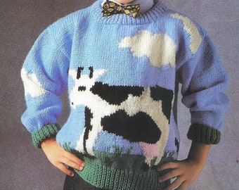 Moo Cow Pullover Strickmuster | Kindergrößen Pullover Pullover | Intarsien-Farbgebung | Wolken Himmel Weide | Jahrgang 1987 | PDF-Download