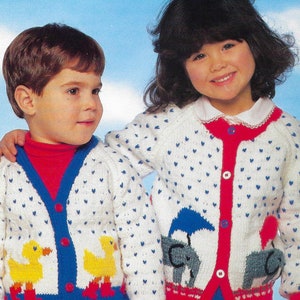 May include: A knitting pattern for a white cardigan with blue and red accents. The cardigan features a design of ducks and elephants on the front. The pattern is titled "PDF Pattern" and the number "10" is visible in the top right corner.