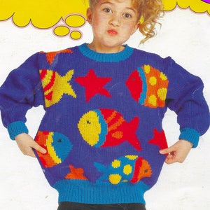 Go Fish Sweater Knitting Pattern | Vintage 1990s Kids Design | Intarsia Colorwork | 6 Child Sizes | Tropical Sea Starfish | PDF Download