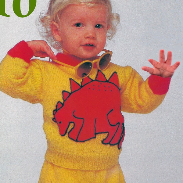 Baby Dino Set Knitting Pattern | Childs Dinosaur Pullover Sweater and Pants | Baby to Toddler Sizes | Instarsia Colorwork | PDF Download