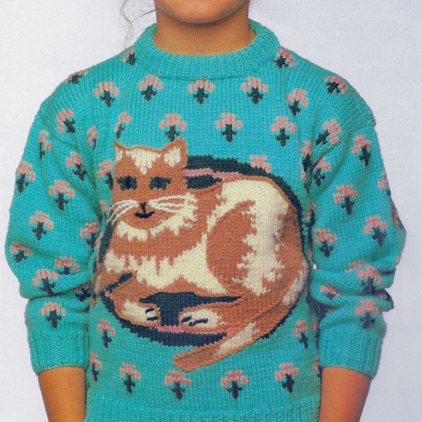 Childs Kitty Cat Sweater Knitting Pattern | Vintage 1988 Kids Jumper | Intarsia Colorwork | Textured Embroidery | PDF Download