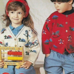 May include: Two children wearing knitted cardigans with a dinosaur pattern. The girl is wearing a red bandana and holding an abacus. The boy is wearing a red cardigan with blue and white dinosaurs. The text "PDF Pattern" is at the bottom of the image.