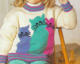 Childs Kittens Sweater & Hat Knitting Pattern | Toddler to Child Sizes | Kitty Cats | Intarsia Colorwork | Striped Ribbing | PDF Download