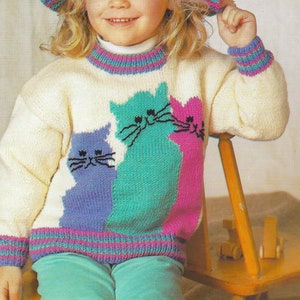 Childs Kittens Sweater & Hat Knitting Pattern | Toddler to Child Sizes | Kitty Cats | Intarsia Colorwork | Striped Ribbing | PDF Download