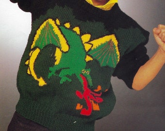 Kids Fiery Dragon Sweater Knitting Pattern | Unisex Childs Pullover Jumper | 1988 Intarsia Colorwork | Drop Sleeves Crew Neck | PDF Download