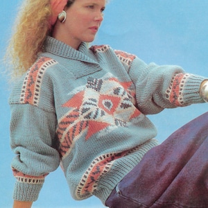 South West Motiv Pullover Strickmuster | Vintage 1989 Entwurf | Südwest Intarsien Farbarbeit | Schalkragen | PDF-Download