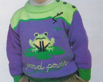 Wzór na sweterek dziecięcy Pond Power | Sweter z motywem żaby zapinany na ramiona | Intarsja w kolorze | Vintage 1989 | Pobierz plik PDF