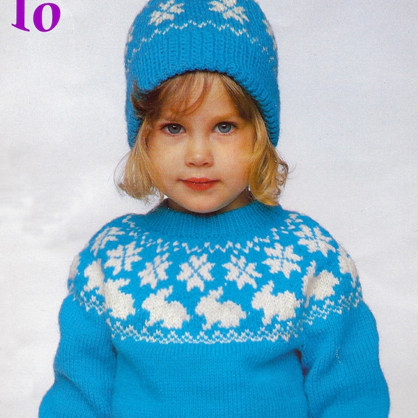 Snow Bunnies Sweater Set Knitting Pattern | Kids Pullover Mittens Hat | Stranded Colorwork | Bunny Snowflakes | Circular Yoke | PDF Download